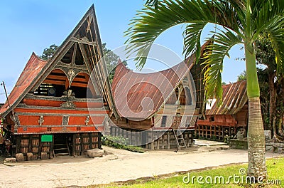 Traditional Batak houses on Samosir island, Sumatra, Indonesia Stock Photo