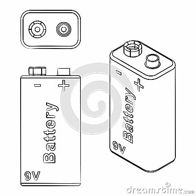 Traditional Battery 9V. Different outline like a brushstrokes. Vector Illustration