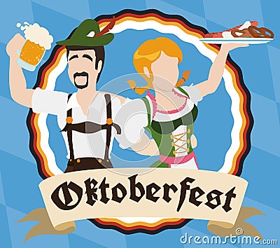 Traditional Bavarian Couple Drinking and Eating During Oktoberfest, Vector Illustration Vector Illustration