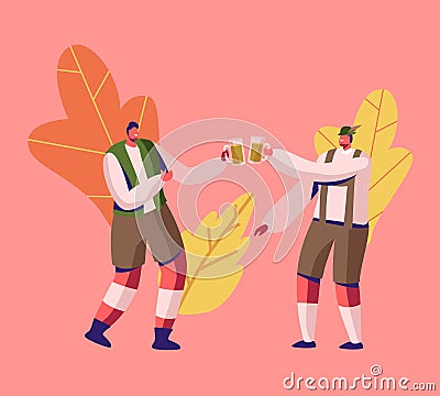 Traditional Bavarian Festival Oktoberfest. Couple of Men in German Costumes Trachten Clinking Mugs Full of Foam Beer Vector Illustration