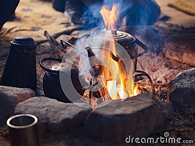 Traditional bedouin tea on fire in the Wadi Rum desert, Jordan Stock Photo