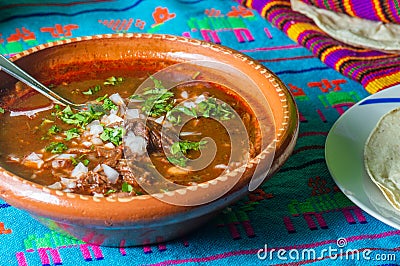 Traditional beef birria stew, Mexican breakfast food Stock Photo