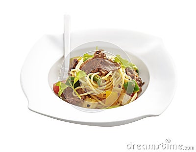 Traditional beef spaghetti on white background Stock Photo