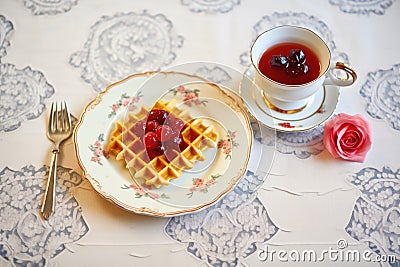 traditional belgian waffles with cherry compote on a lace doily Stock Photo