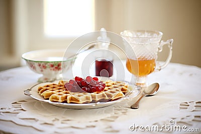 traditional belgian waffles with cherry compote on a lace doily Stock Photo