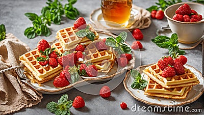 Traditional Belgian waffles with honey and strawberries Stock Photo