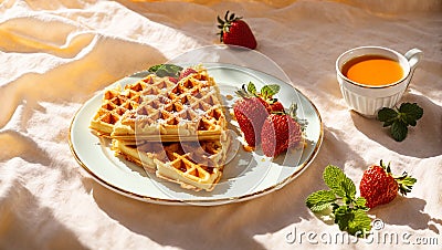 Traditional Belgian waffles with honey and strawberries serving baked sugar Stock Photo
