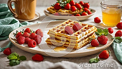 Traditional Belgian waffles lunch homemade delicious strawberries serving baked sugar plate Stock Photo