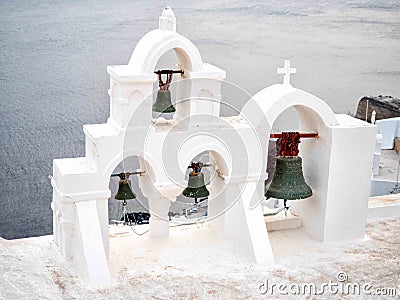 Traditional bell tower in Santorini Stock Photo