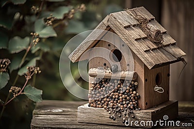 traditional birdhouse with a smattering of seeds Stock Photo