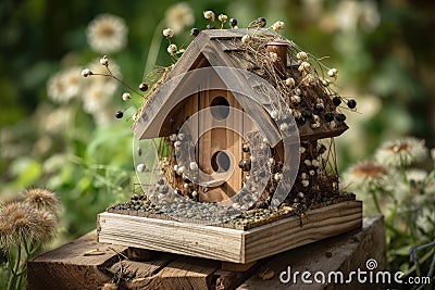 traditional birdhouse with a smattering of seeds Stock Photo