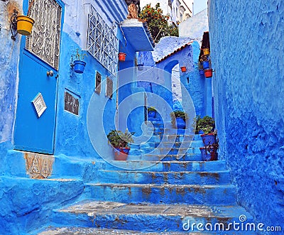 Traditional blue patio, Chefchaouen Stock Photo