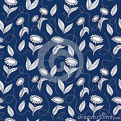 Traditional blue seamless sunflowers pattern Vector Illustration