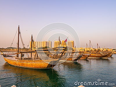 Traditional boats called Dhows are anchored in the port Stock Photo