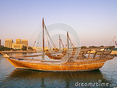 Traditional boats called Dhows are anchored in the port Stock Photo