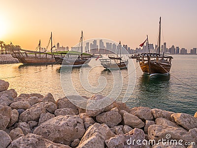 Traditional boats called Dhows are anchored in the port Stock Photo