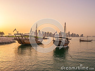 Traditional boats called Dhows are anchored in the port Stock Photo