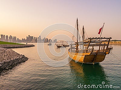 Traditional boats called Dhows are anchored in the port Stock Photo