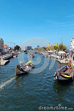 Traditional boats or moliceiros in Aveiro, vertical image Editorial Stock Photo