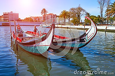 Traditional boats in Vouga river. Aveiro Stock Photo