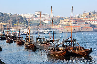 Traditional boats with wine barrels. Porto. Portugal Editorial Stock Photo