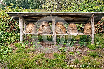 Traditional braided straw beehives Stock Photo