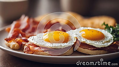 Traditional breakfast, eggs and bacon, generative ai Cartoon Illustration