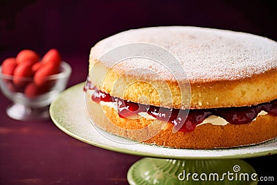 Traditional British sweet pastry Victoria sponge cake with whipped cream frosting and strawberry jam. Holiday dessert baking Stock Photo