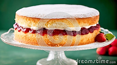 Traditional British sweet pastry Victoria sponge cake with whipped cream frosting and strawberry jam. Holiday dessert baking Stock Photo