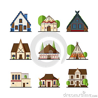 Traditional buildings. Houses and constructions of different countries europe asian indian african tent vectors Vector Illustration