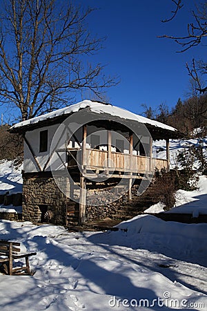 Traditional bulgarian house during the winter , Etar, Gabrovo, Bulgaria Stock Photo