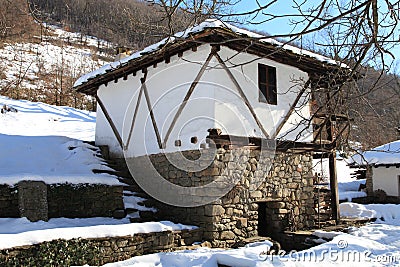 Traditional bulgarian house during the winter , Etar, Gabrovo, Bulgaria Stock Photo