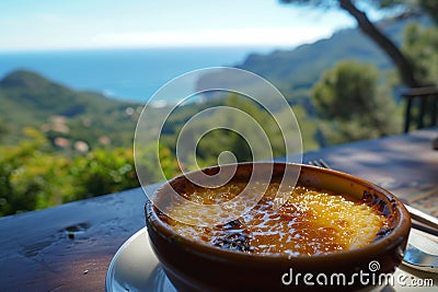 Traditional Catalan Cream Dessert with Serene Mediterranean Seascape View for Travel and Cuisine Concepts Stock Photo