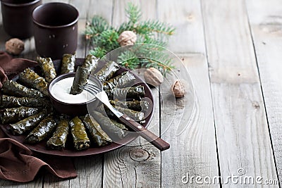 Traditional Caucasian dishes (Dolma), stuffed grape leaves with meat Stock Photo
