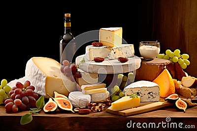 Traditional cheese platter with nuts, grapes and various types of cheese. Assortment of different snack for wine Stock Photo