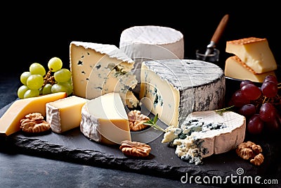 Traditional cheese platter with nuts, grapes and various types of cheese. Assortment of different snack for wine Stock Photo