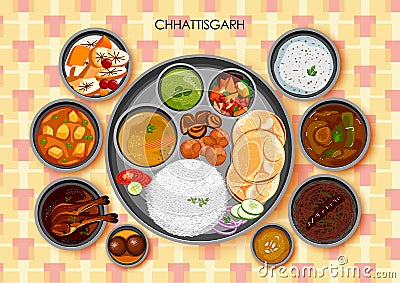 Traditional Chhattisgarhi cuisine and food meal thali Vector Illustration