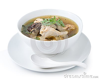 Traditional chicken broth on white background Stock Photo