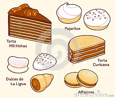 Traditional Chilean desserts cartoon drawing set Vector Illustration