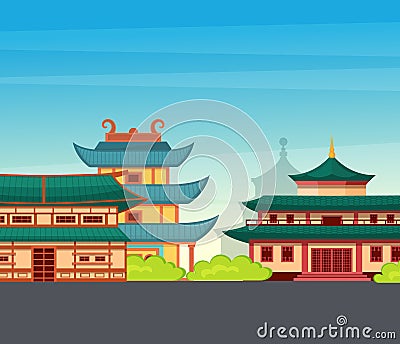 Traditional chinese, asian street with chinese buildings, pagoda, temple, house. China town city landmarks landscape, Japan Stock Photo