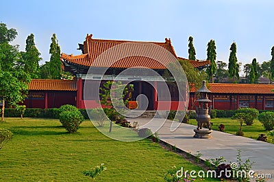 Traditional Chinese Buddhist temple in Lumbini, Nepal - birthplace of Buddha Stock Photo