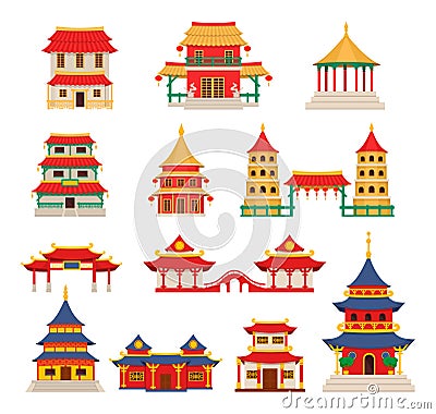 Traditional chinese buildings, asian architecture chinatown vector Vector Illustration