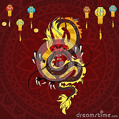 Traditional chinese Dragon, ancient symbol of asian or china culture, decoration for new year celebration, mythology Vector Illustration