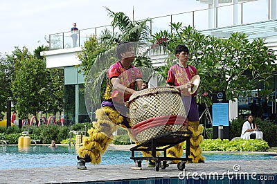 Traditional Chinese drum. Plays together with lion dance by trained drummers. Editorial Stock Photo