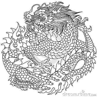 Traditional Chinese or East Asian dragon. Outline Vector Illustration