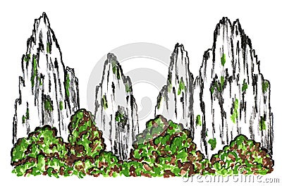 Chinese East Asian mountain landscape Cartoon Illustration