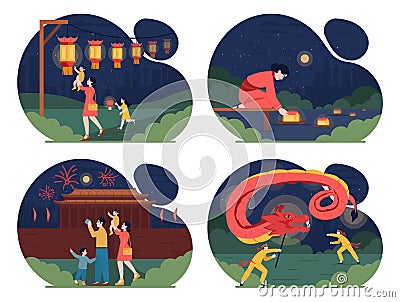 Traditional chinese festivities set. Happy characters family celebrate Vector Illustration