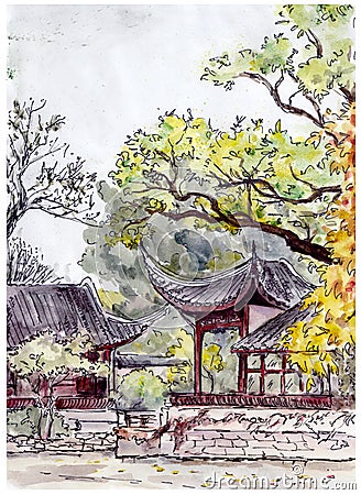 Traditional chinese garden with pagoda pavilions - hand drawing Stock Photo