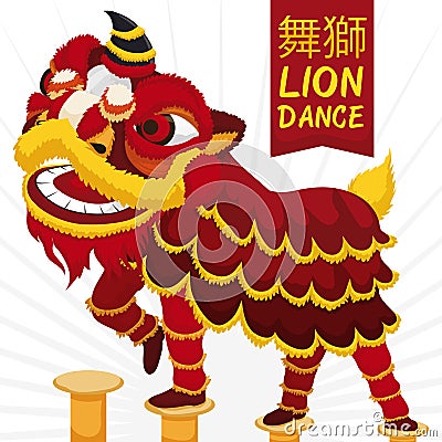 Traditional Chinese Lion Dance Performance with Martial Demonstration, Vector Illustration Vector Illustration