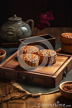 Mooncakes on the wooden background. Generative ai Stock Photo